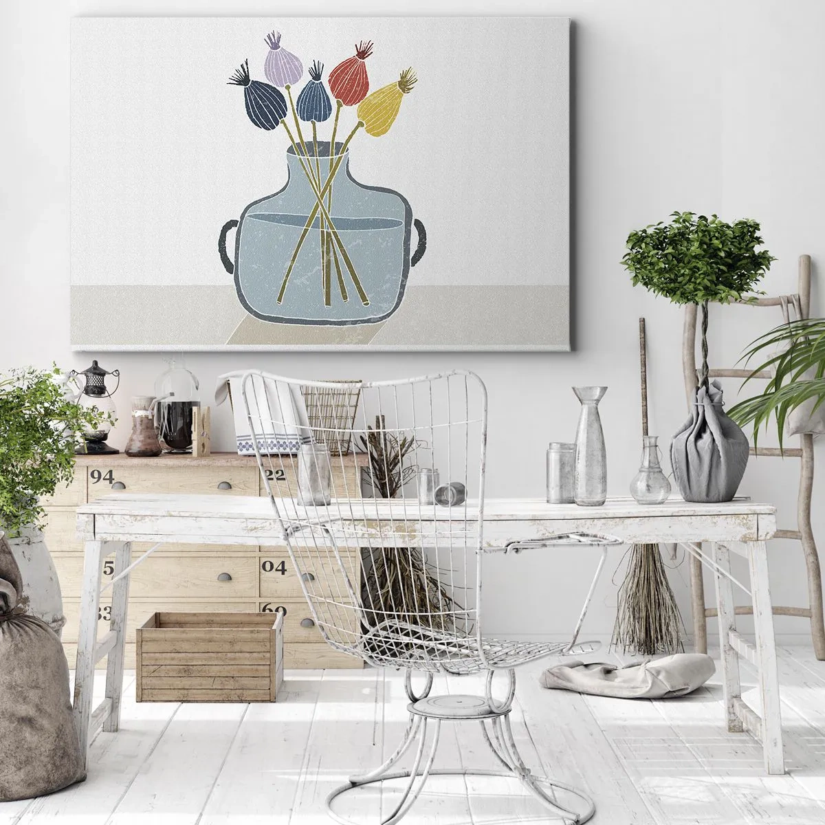 Bild auf Leinwand - Leinwandbild - Bunte Trockenblumen in einer Vase auf weißem Hintergrund - 120x80cm - Es ist mucksmäuschenstill - Moderne Wanddekoration für Wohnzimmer und Schlafzimmer ARTTOR