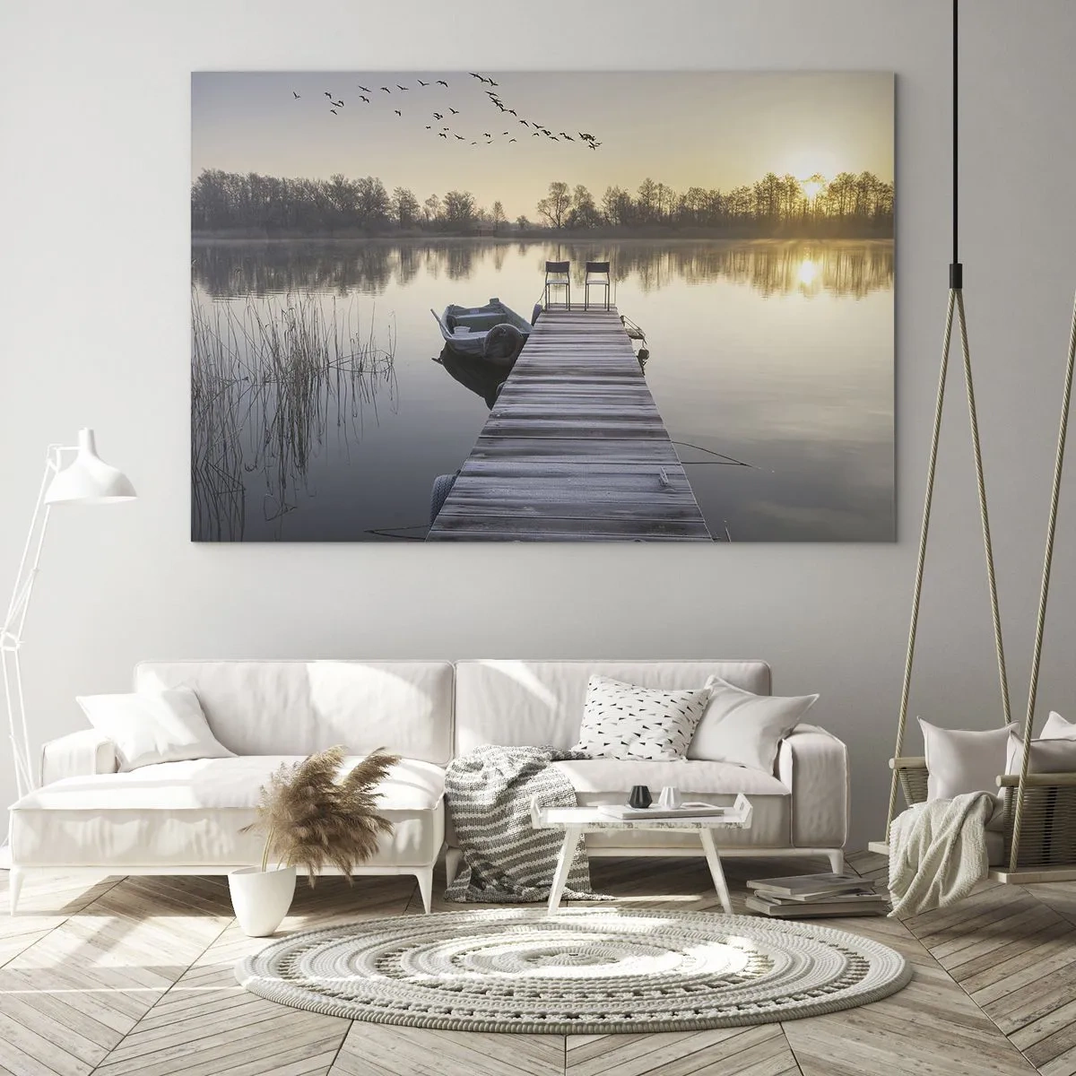 Glasbild - Bild auf glas - Morgen am See mit Pier - 70x50cm - Ich komme nach einiger Zeit zurück - Moderne Wanddekoration für Wohnzimmer und Schlafzimmer ARTTOR