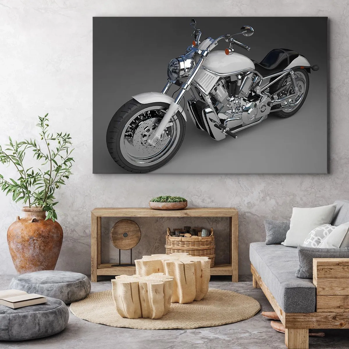 Bild auf Leinwand - Leinwandbild - Weißes Cruiser-Motorrad auf grauem Hintergrund - 100x70cm - So dass man hinknien möchte - Moderne Wanddekoration für Wohnzimmer und Schlafzimmer ARTTOR