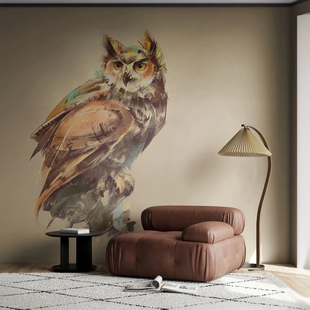 Fototapete Premium Sand - Künstlerische Darstellung einer Eule in Brauntönen - 100x70cm - Die klügste Eule - bestätigt den Eichenwald - Moderne Wanddekoration für Wohnzimmer und Schlafzimmer ARTTOR