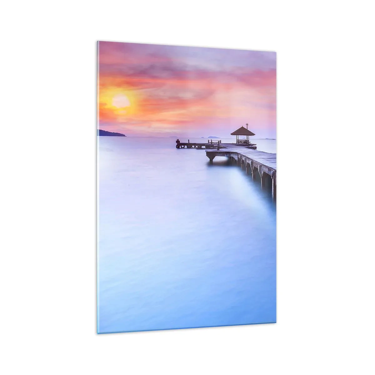 Glasbild - Bild auf glas - Holzsteg, der bei Sonnenuntergang auf das Wasser hinausführt - 70x100cm - Ein Meer der Ruhe bis zum Horizont - Moderne Wanddekoration für Wohnzimmer und Schlafzimmer ARTTOR