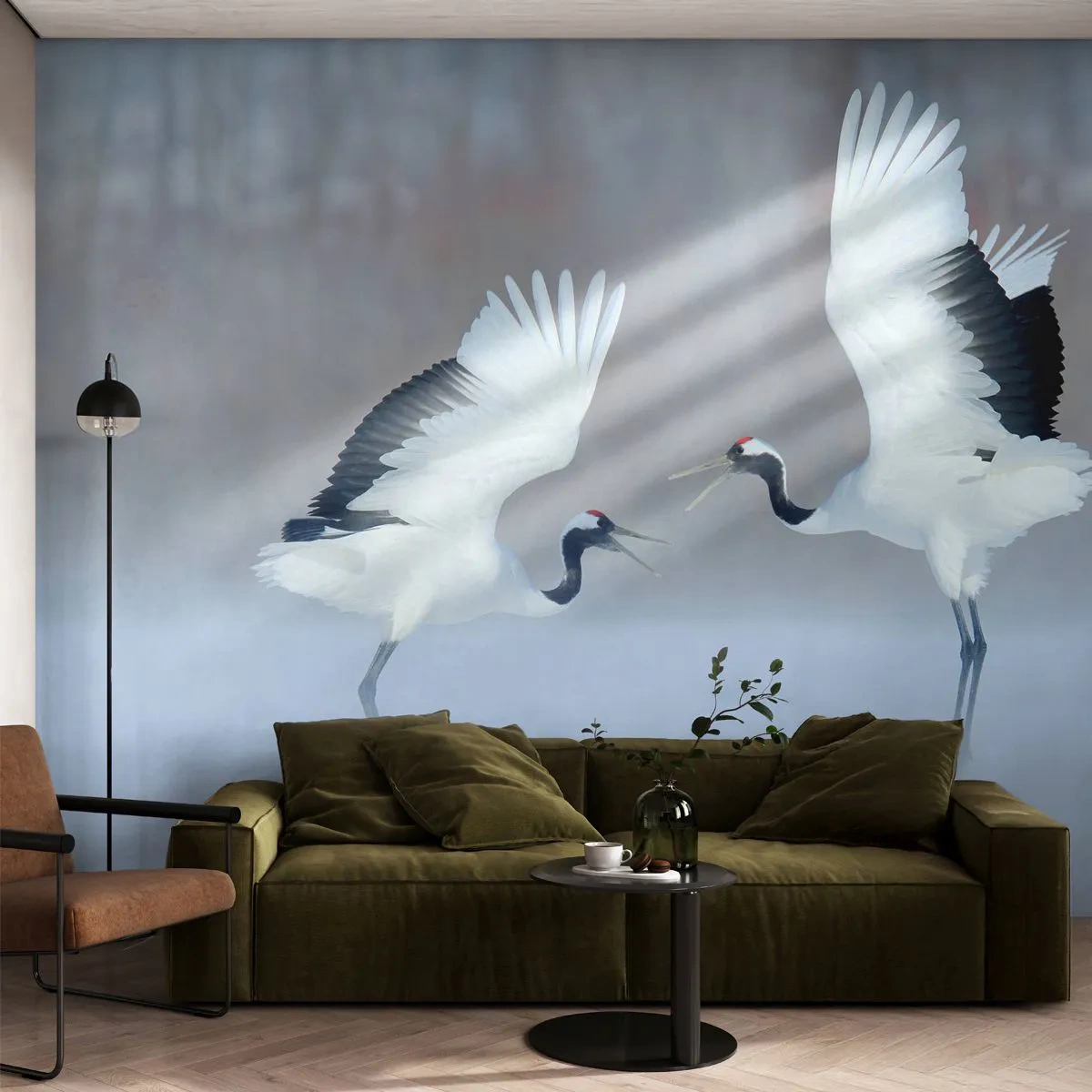 Fototapete Premium Sand - Zwei tanzende Kraniche im Winternebel - 100x70cm - Tanz im Nebel - Moderne Wanddekoration für Wohnzimmer und Schlafzimmer ARTTOR