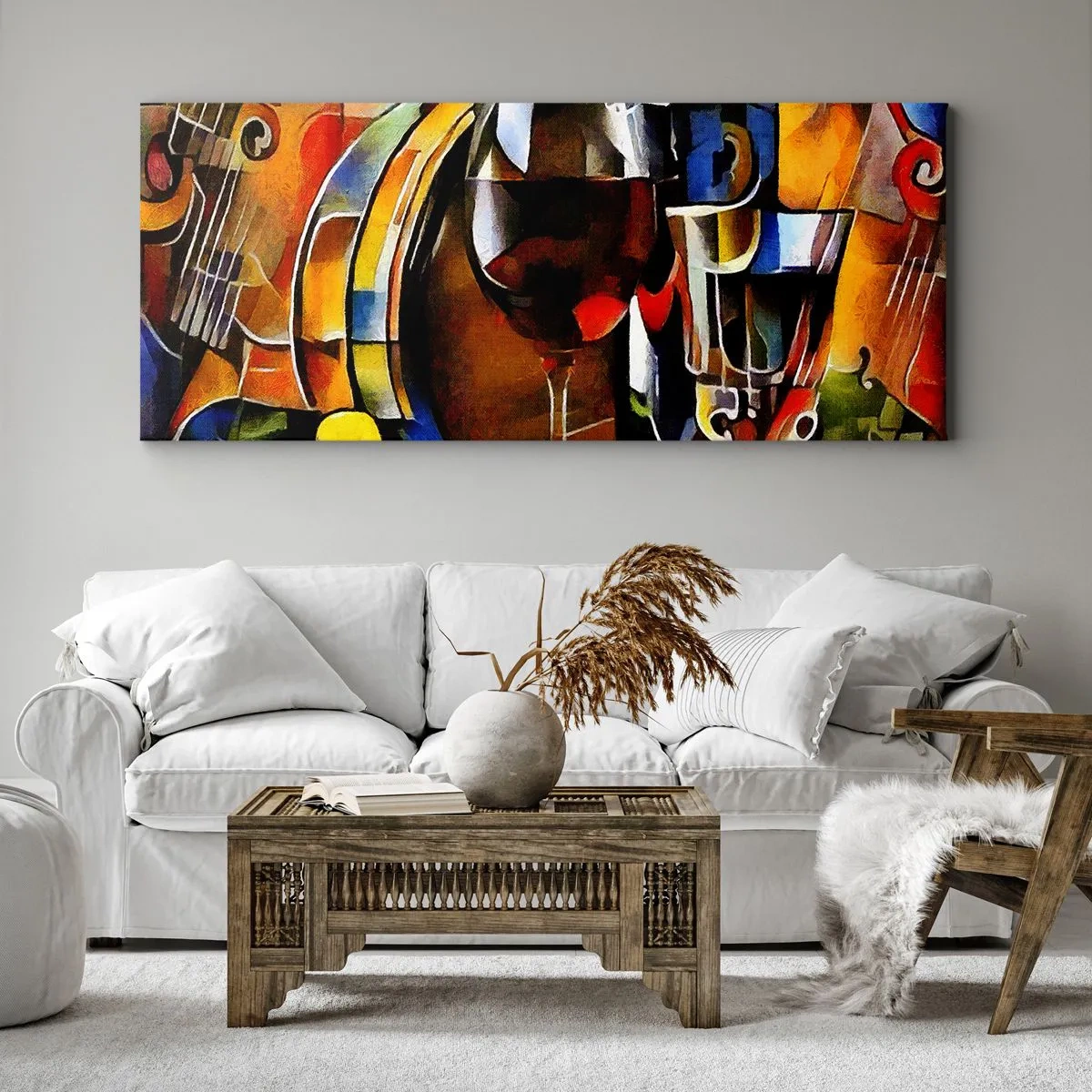 Bild auf Leinwand - Leinwandbild - Abstraktes Stillleben mit Gläsern und Instrumenten - 140x50cm - Und die Welt nimmt Farben an - Moderne Wanddekoration für Wohnzimmer und Schlafzimmer ARTTOR