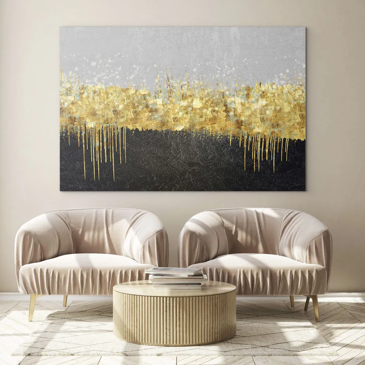 Glasbild - Bild auf glas - Goldene Abstraktion mit Schwarz-Grau-Kontrast - 120x80cm - Nach innen und nach oben - Moderne Wanddekoration für Wohnzimmer und Schlafzimmer ARTTOR