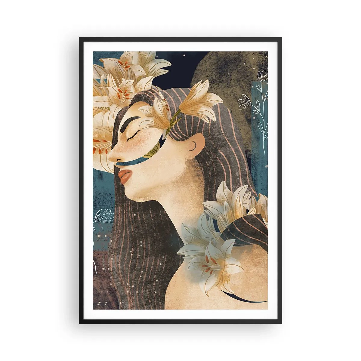 Poster in einem schwarzem Rahmen - Ein Märchen über eine Prinzessin mit Lilien - 70x100 cm