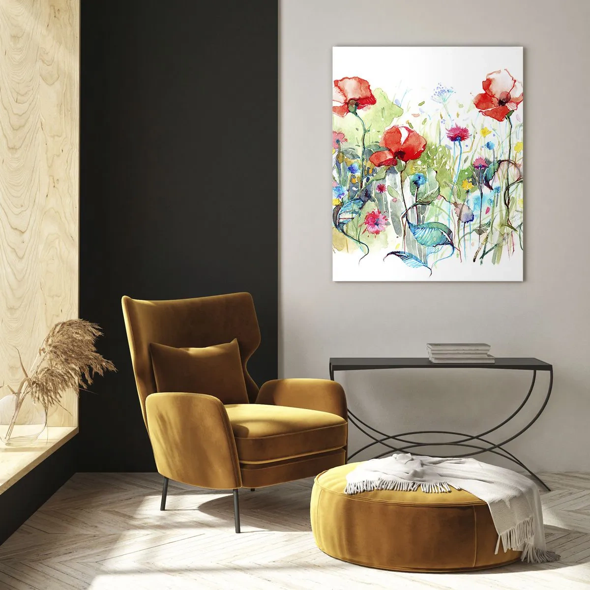 Glasbild - Bild auf glas - Eine Wiese mit roten Mohnblumen und bunten Blumen in Aquarell - 80x120cm - Blühende Maiwiese - Moderne Wanddekoration für Wohnzimmer und Schlafzimmer ARTTOR