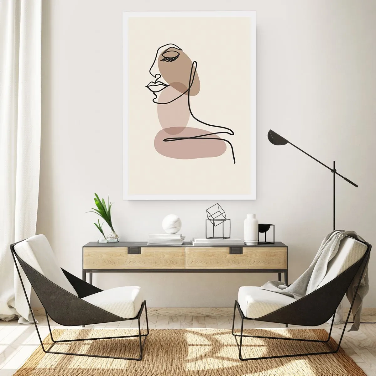 Poster - Ein minimalistisches Frauenporträt in Beigetönen. - 50x70cm - Sich selbst zugehört - Moderne Wanddekoration für Wohnzimmer und Schlafzimmer ARTTOR
