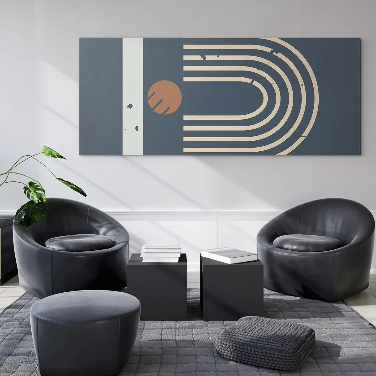 Glasbild - Bild auf glas - Geometrisches Muster in Marineblau-, Beige- und Orangetönen auf dunklem Hintergrund - 140x50cm - Geometrie auf dem Granatapfel - Moderne Wanddekoration für Wohnzimmer und Schlafzimmer ARTTOR