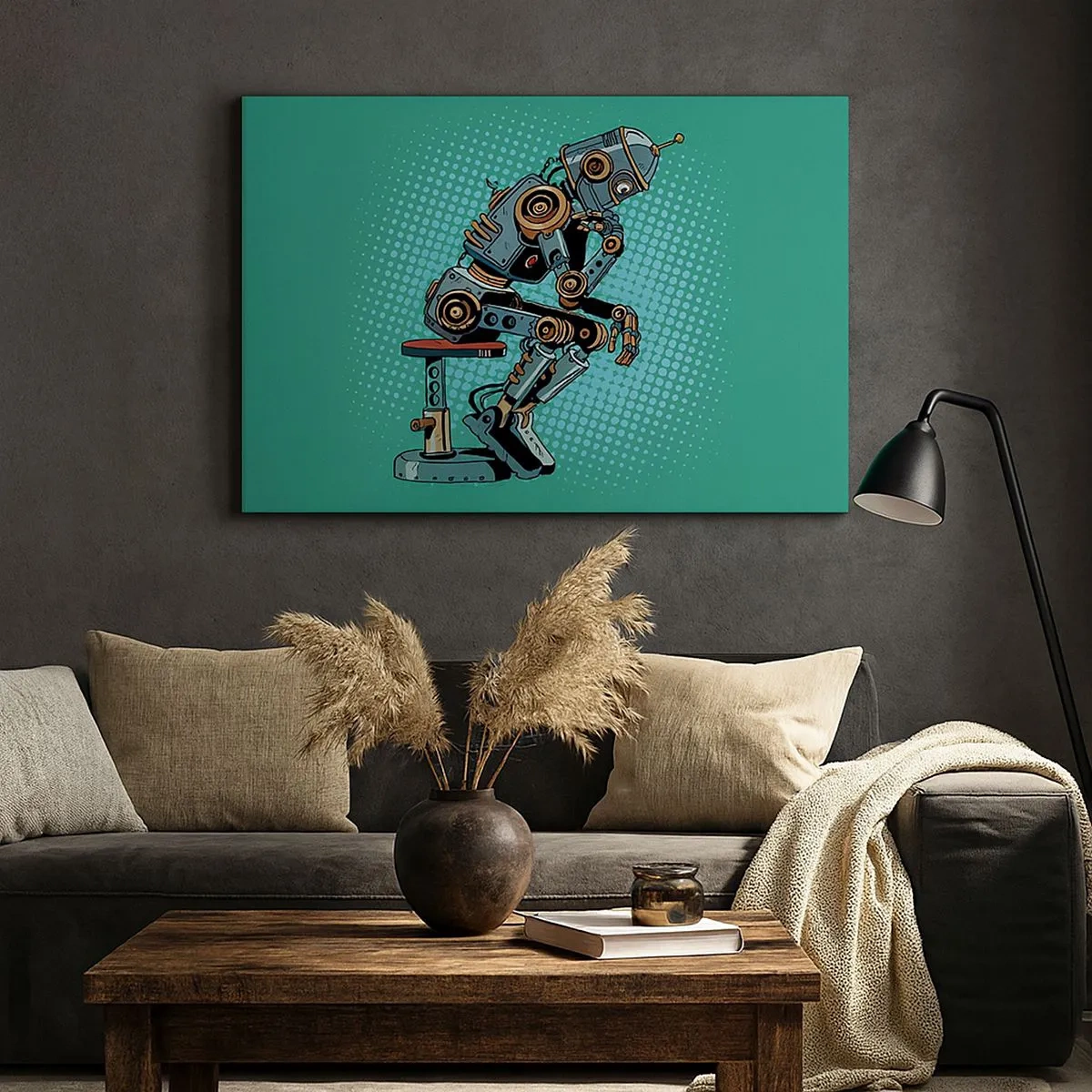 Bild auf Leinwand - Leinwandbild - Denkerroboter im Pop-Art-Stil auf grünem Hintergrund - 70x50cm - Über der Essenz des Seins - Moderne Wanddekoration für Wohnzimmer und Schlafzimmer ARTTOR