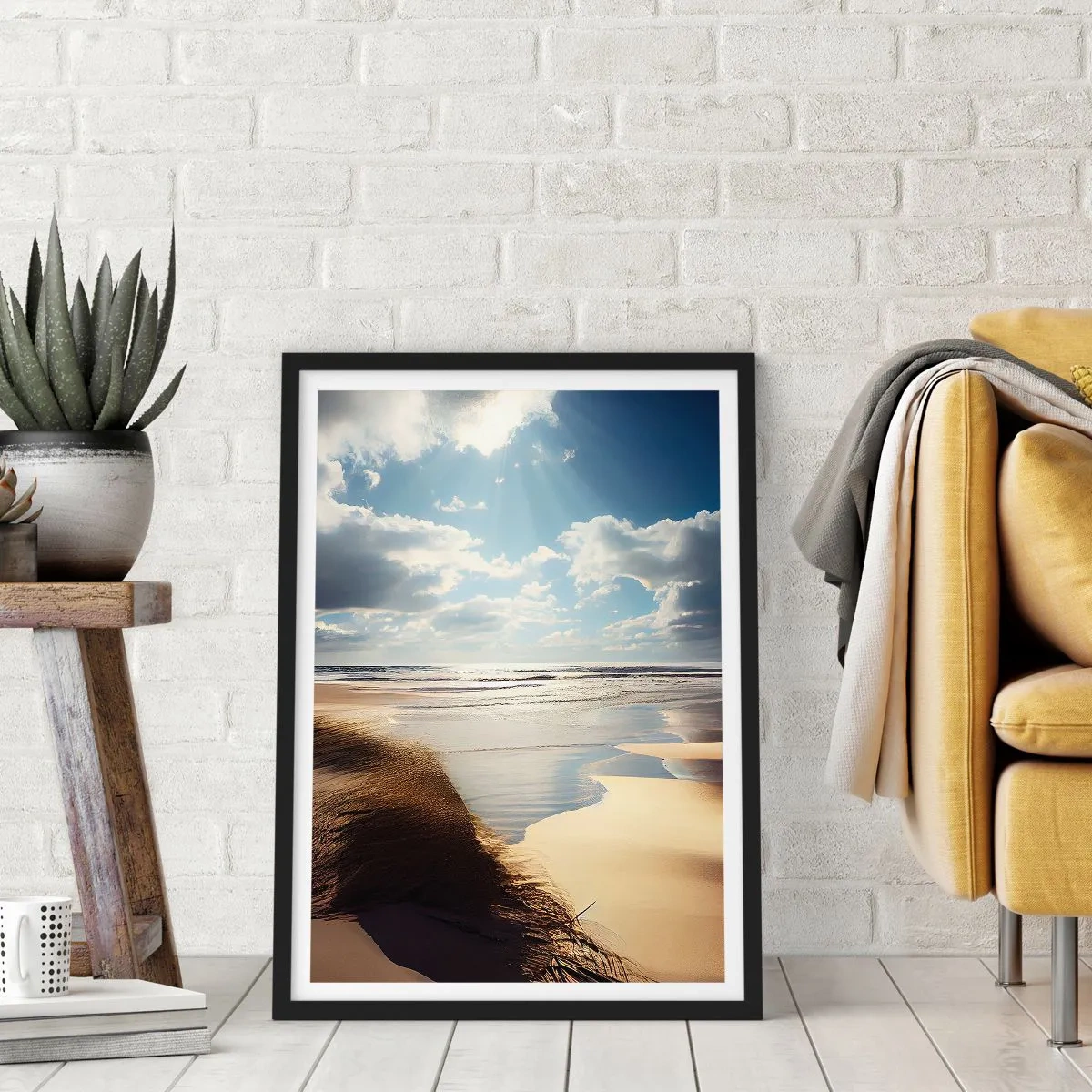 Poster in einem schwarzem Rahmen - Strand bei Sonnenuntergang mit Wellen und Wolken - 50x70cm - Strand, wilder Strand - Moderne Wanddekoration für Wohnzimmer und Schlafzimmer ARTTOR