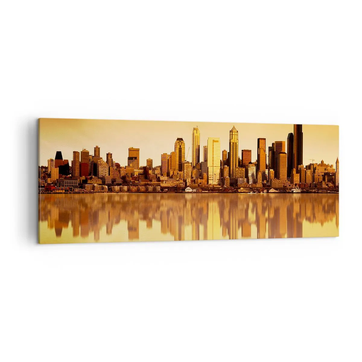 Bild auf Leinwand - Leinwandbild - Stadtpanorama spiegelt sich im Wasser bei Sonnenuntergang - 140x50cm - Die Stille der Metropole - Moderne Wanddekoration für Wohnzimmer und Schlafzimmer ARTTOR