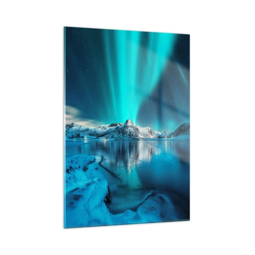 Glasbild - Bild auf glas - Aurora Borealis über den schneebedeckten Bergen - 50x70cm - Lichtnacht - Moderne Wanddekoration für Wohnzimmer und Schlafzimmer ARTTOR