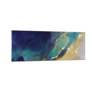 Glasbild - Bild auf glas - Abstrakte Komposition in Blau- und Goldtönen auf Leinwand - 140x50cm - Der goldene Teich - Moderne Wanddekoration für Wohnzimmer und Schlafzimmer ARTTOR