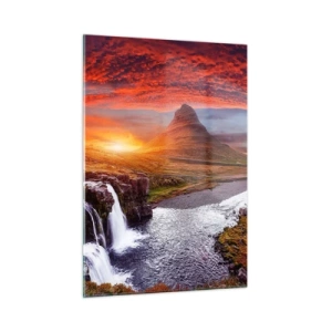 Glasbild - Bild auf glas - Berglandschaft mit Wasserfall und Sonnenuntergang - 50x70cm - Ein Blick auf Mittelerde - Moderne Wanddekoration für Wohnzimmer und Schlafzimmer ARTTOR