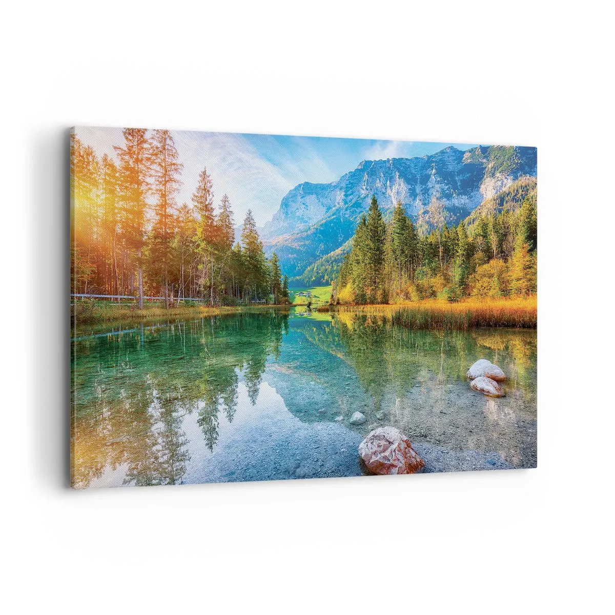Bild auf Leinwand - Leinwandbild - Ein malerischer See, umgeben von Bergen und Wäldern - 120x80cm - Die Sanftheit des Herbstes - Moderne Wanddekoration für Wohnzimmer und Schlafzimmer ARTTOR
