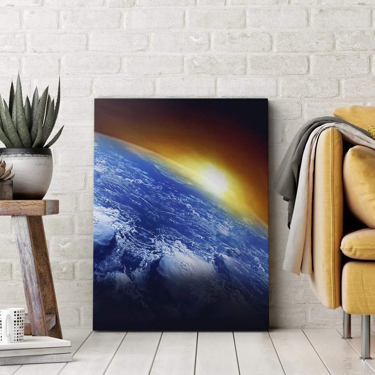 Bild auf Leinwand - Leinwandbild - Sonnenaufgang über dem blauen Planeten - 45x80 cm