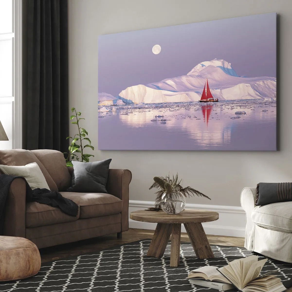 Bild auf Leinwand - Leinwandbild - Ein rotes Segel vor der Kulisse eisiger Berge und eines Vollmonds. - 70x50cm - Die Hitze des Segels, die Kälte des Eises - Moderne Wanddekoration für Wohnzimmer und Schlafzimmer ARTTOR