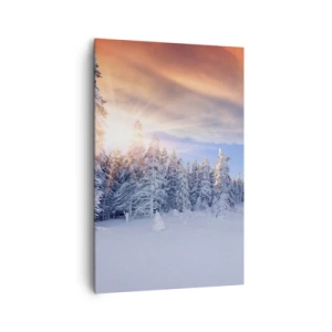 Bild auf Leinwand - Leinwandbild - Winterlandschaft mit schneebedecktem Wald bei Sonnenuntergang - 80x120cm - Ein verschneites Naturschauspiel - Moderne Wanddekoration für Wohnzimmer und Schlafzimmer ARTTOR
