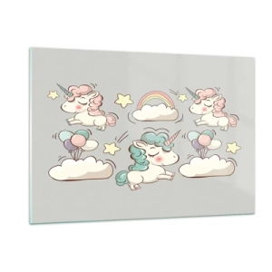 Glasbild - Bild auf glas - Niedliche Einhörner in den Wolken mit einem Regenbogen und Luftballons - 120x80cm - Sicherlich gibt es... - Moderne Wanddekoration für Wohnzimmer und Schlafzimmer ARTTOR