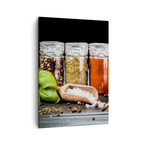 Bild auf Leinwand - Leinwandbild - Kräuter und Gewürze in Gläsern auf dunklem Hintergrund - 50x70cm - Für einen Geschmack des Lebens - Moderne Wanddekoration für Wohnzimmer und Schlafzimmer ARTTOR