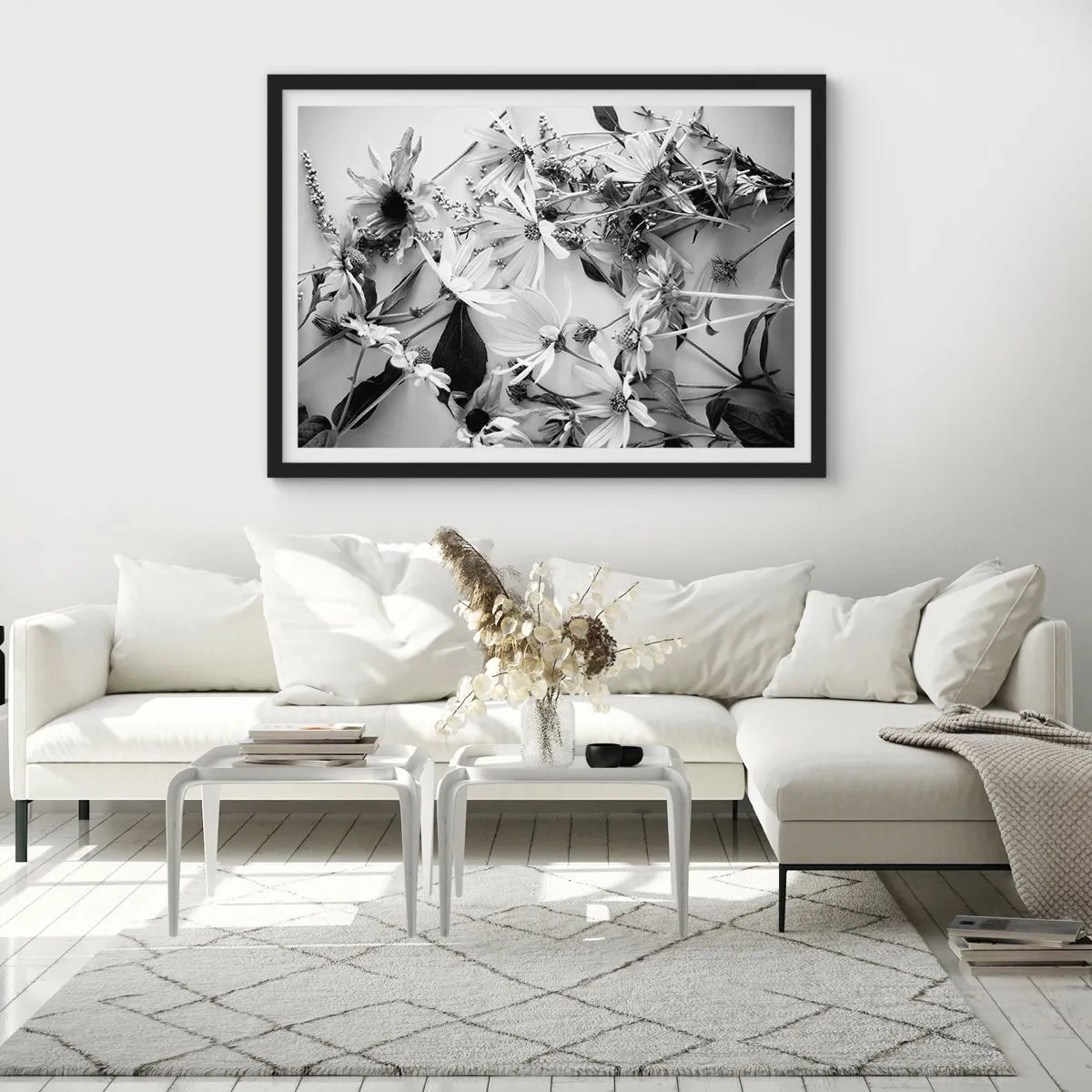 Poster in einem schwarzem Rahmen - Schwarz-weiße Blumenarrangements in dezentem Kunststil - 100x70cm - Kein Blumenstrauß - Moderne Wanddekoration für Wohnzimmer und Schlafzimmer ARTTOR