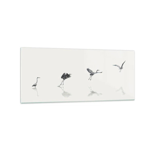Glasbild - Bild auf glas - Vier Vogelsilhouetten spiegeln sich im ruhigen Wasser - 120x50cm - Vier einfache Schritte - Moderne Wanddekoration für Wohnzimmer und Schlafzimmer ARTTOR