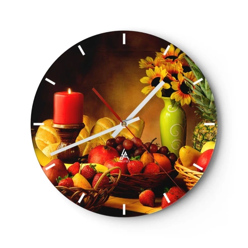 Wanduhr - Glasuhr - Ein Korb mit Obst, Brot und Sonnenblumen auf dem Tisch - 30x30cm - Stillleben mit Brot und Obst - Moderne Wanddekoration für Wohnzimmer, Küche und Schlafzimmer ARTTOR