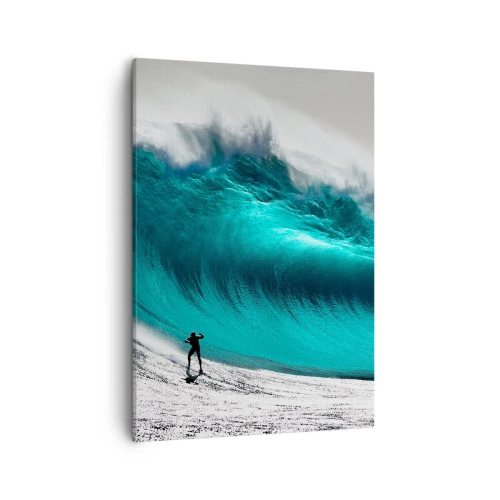 Bild auf Leinwand - Leinwandbild - Surfer vor einer riesigen Welle - 50x70cm - Herausforderung angenommen - Moderne Wanddekoration für Wohnzimmer und Schlafzimmer ARTTOR