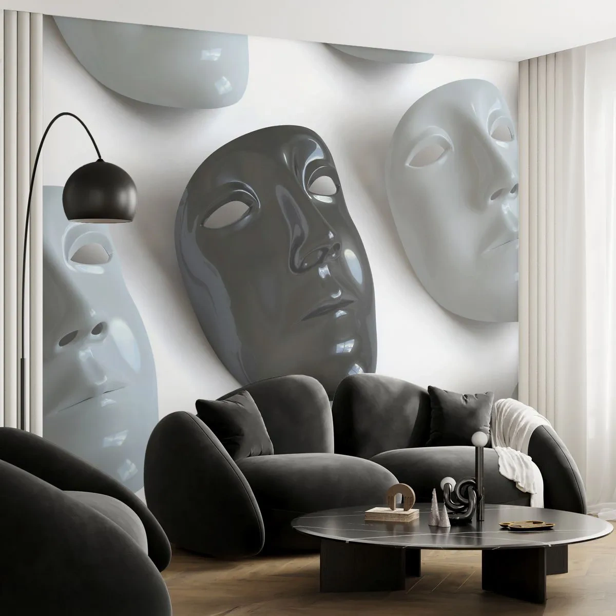 Fototapete Premium Sand - Schwarz-weiße Theatermasken auf hellem Hintergrund - 100x70cm - Wie hebt man sich ab? - Moderne Wanddekoration für Wohnzimmer und Schlafzimmer ARTTOR