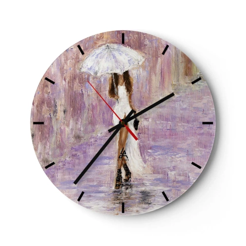 Wanduhr - Glasuhr - Die Figur einer Frau mit einem Regenschirm im Regen, vor einem lila Hintergrund - 30x30cm - Im lila Regen - Moderne Wanddekoration für Wohnzimmer, Küche und Schlafzimmer ARTTOR