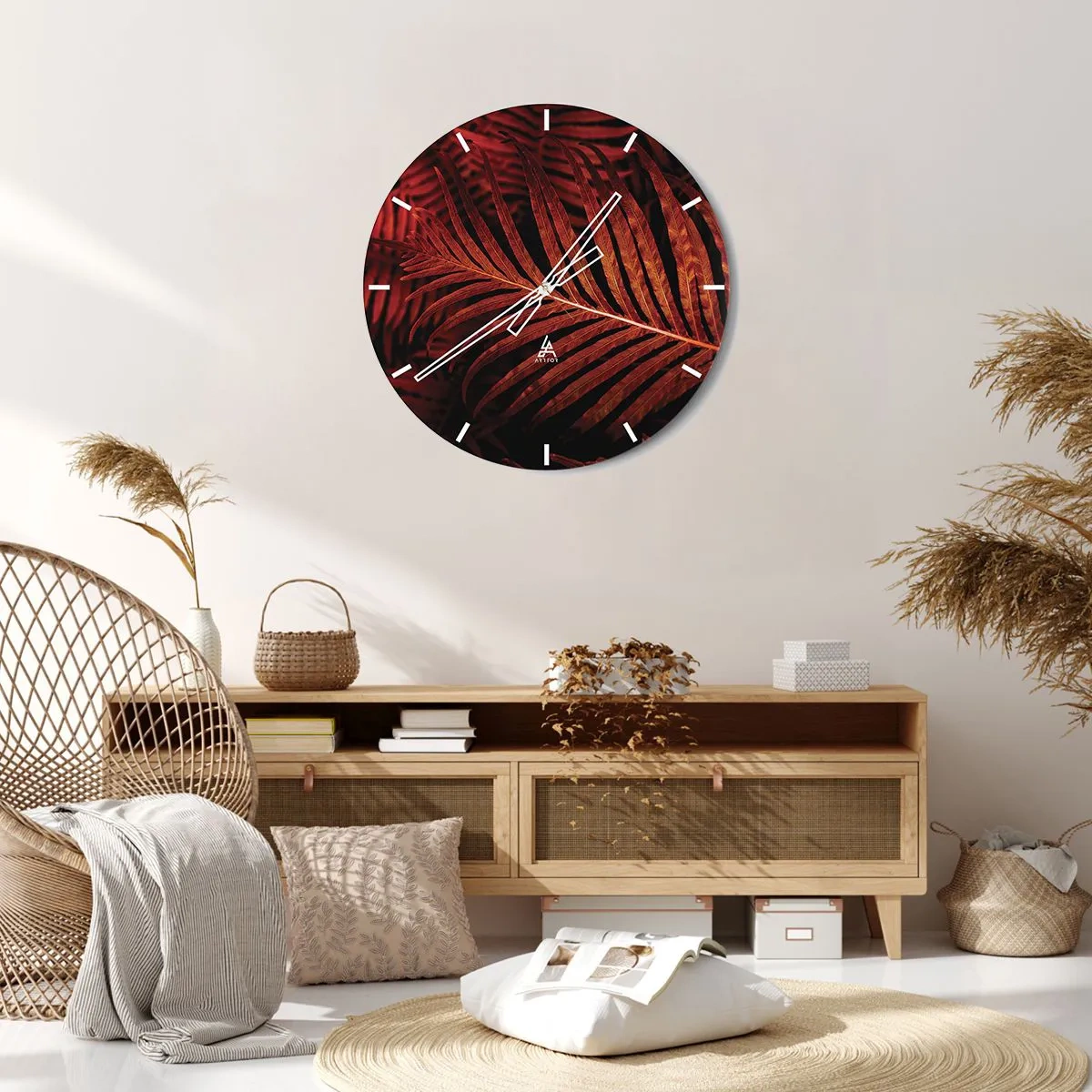Wanduhr - Glasuhr - Rot-orange Blätter einer tropischen Pflanze auf dunklem Hintergrund - 30x30cm - Die Hitze des Lebens - Moderne Wanddekoration für Wohnzimmer, Küche und Schlafzimmer ARTTOR