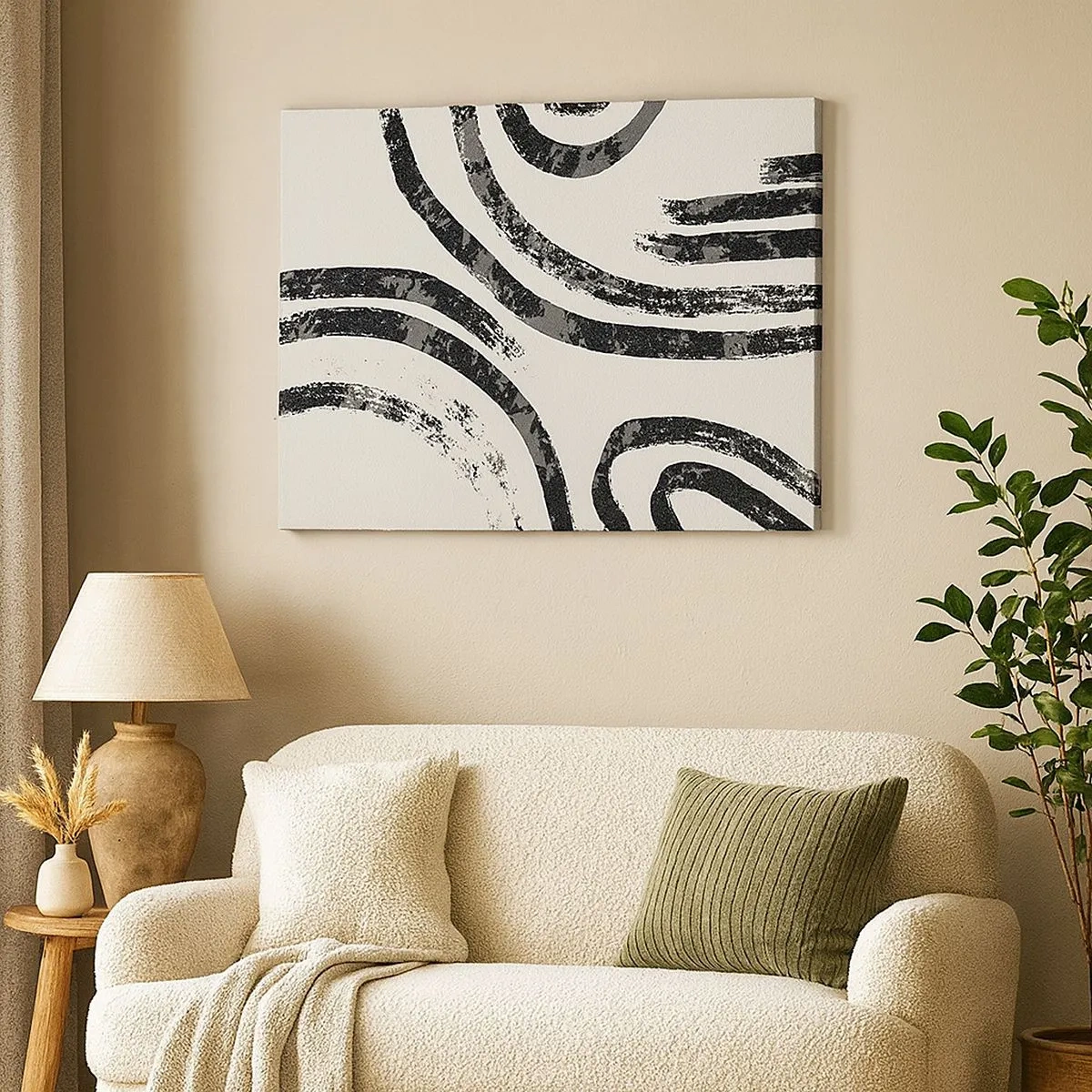 Bild auf Leinwand - Leinwandbild - Schwarz-weiße abstrakte Linien auf hellem Hintergrund - 70x50cm - Bei Hälfte angehalten - Moderne Wanddekoration für Wohnzimmer und Schlafzimmer ARTTOR