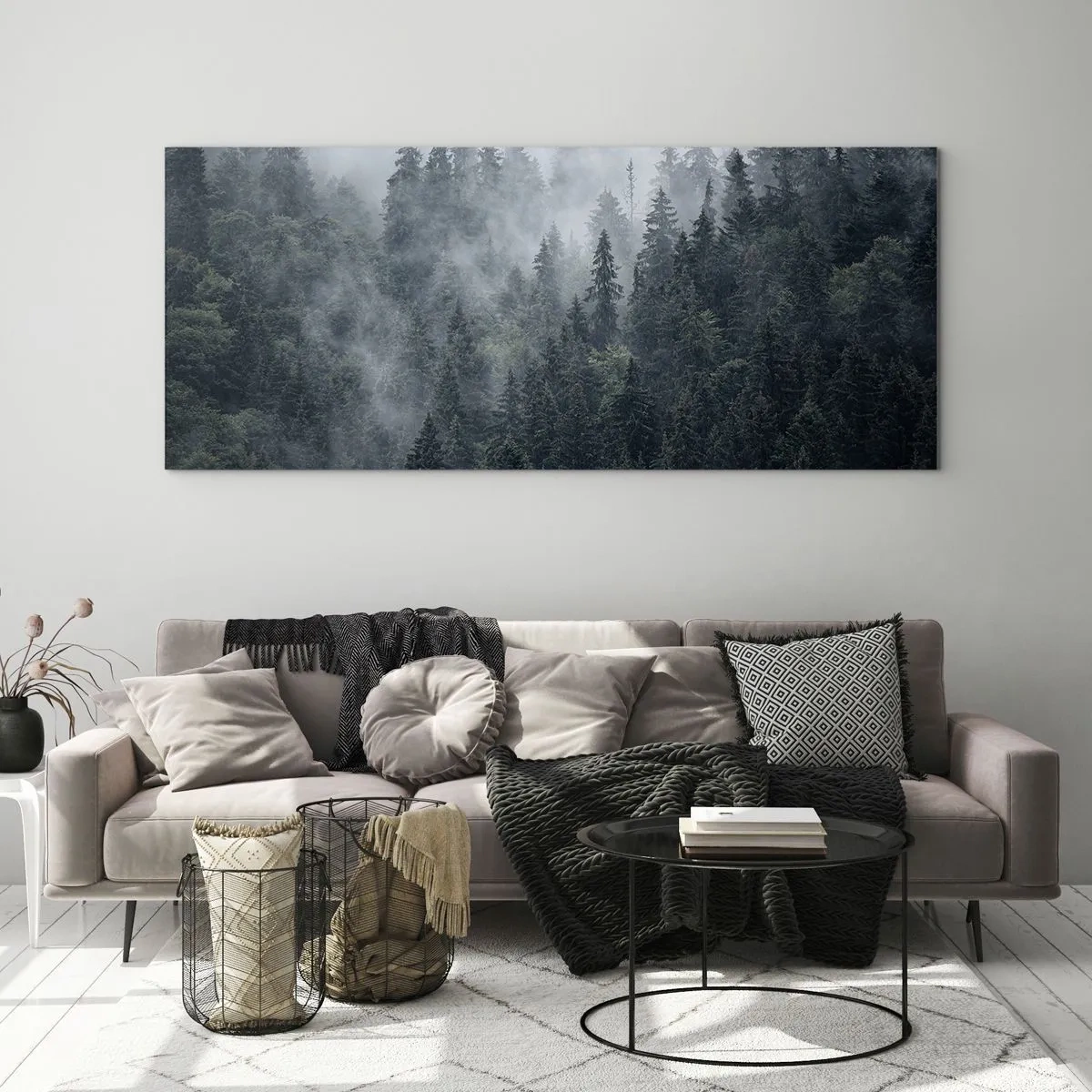 Glasbild - Bild auf glas - Nebliger Nadelwald in Grau- und Grüntönen - 120x50cm - Walddämmerung - Moderne Wanddekoration für Wohnzimmer und Schlafzimmer ARTTOR