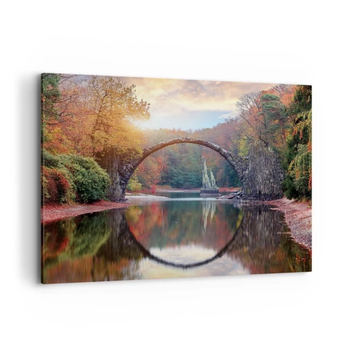 Bild auf Leinwand - Leinwandbild - Eine Steinbrücke in einer Herbstlandschaft über ruhigem Wasser - 100x70cm - Auf der anderen Seite des Spiegels - Moderne Wanddekoration für Wohnzimmer und Schlafzimmer ARTTOR