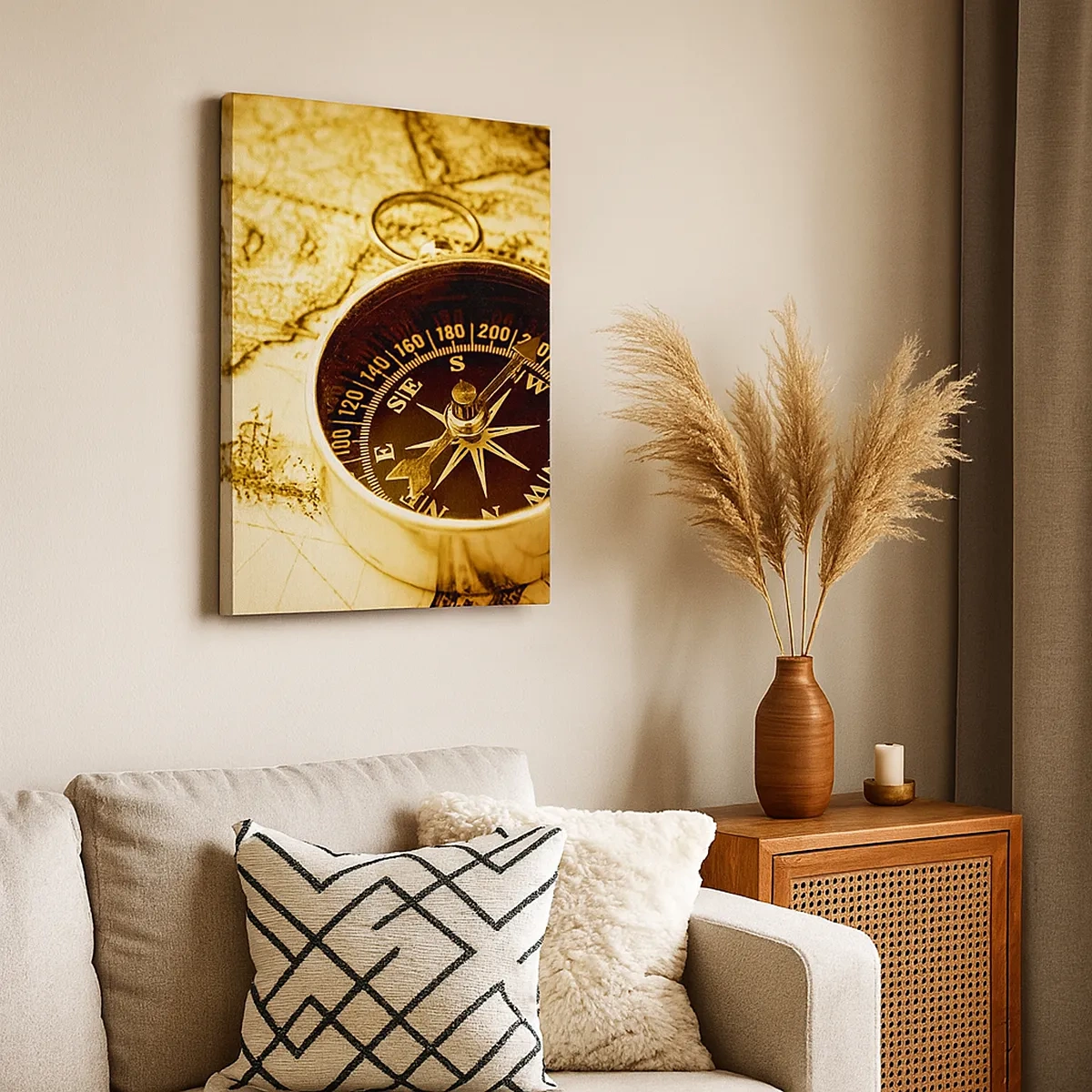 Bild auf Leinwand - Leinwandbild - Ein antiker Kompass vor dem Hintergrund einer alten Weltkarte - 50x70cm - Ost oder West? - Moderne Wanddekoration für Wohnzimmer und Schlafzimmer ARTTOR