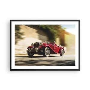 Poster in einem schwarzem Rahmen - Roter Oldtimer in Bewegung auf einer sonnigen Straße - 70x50cm - Schöner als Nike von Samothrake - Moderne Wanddekoration für Wohnzimmer und Schlafzimmer ARTTOR