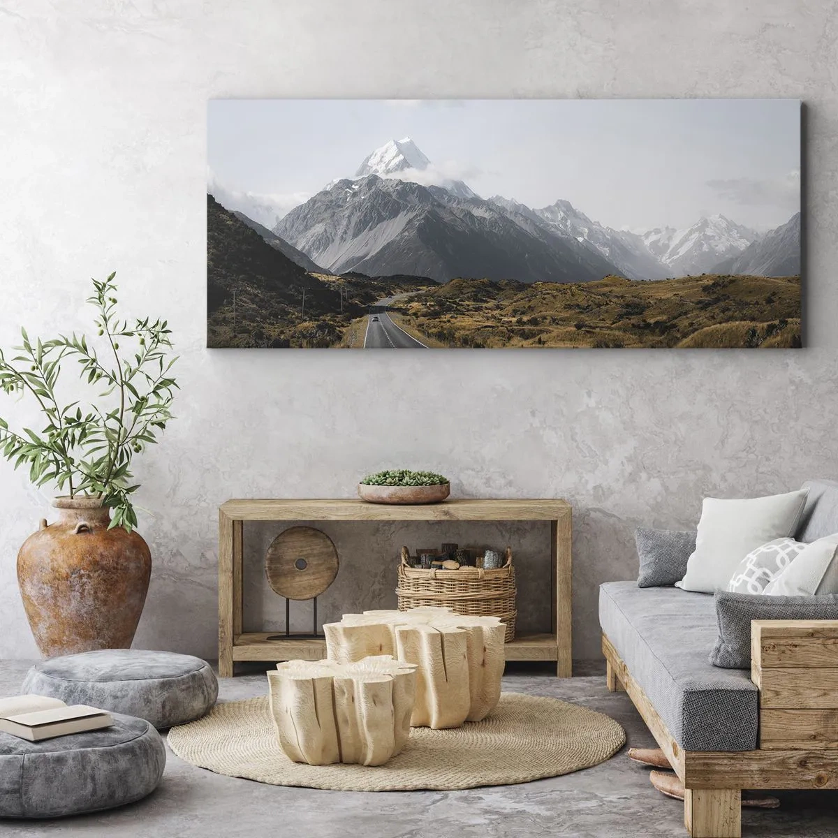 Bild auf Leinwand - Leinwandbild - Eine Straße in den Bergen, umgeben von einer malerischen Landschaft - 120x50cm - Der Weg ins Herz der Berge - Moderne Wanddekoration für Wohnzimmer und Schlafzimmer ARTTOR