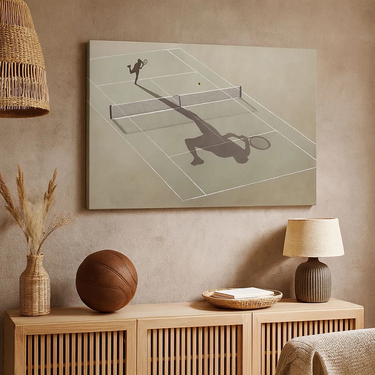 Bild auf Leinwand - Leinwandbild - Der Schatten eines Tennisspielers auf dem Platz während eines Tennisspiels - 70x50cm - Überwinde dich selbst - Moderne Wanddekoration für Wohnzimmer und Schlafzimmer ARTTOR