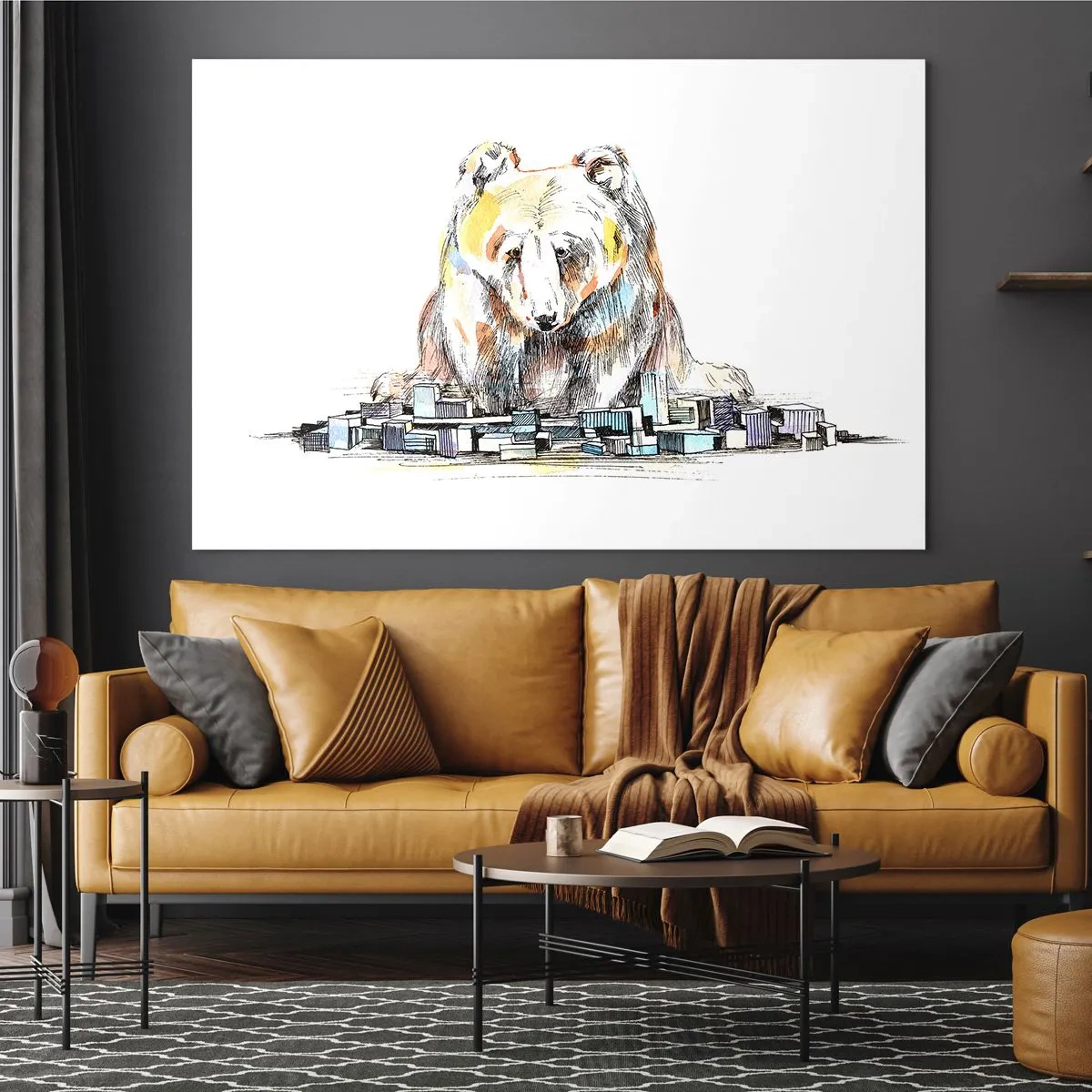 Glasbild - Bild auf glas - Ein Bär, der in einer künstlerischen Komposition die Stadt betrachtet - 120x80cm - Wie kann man so leben? - Moderne Wanddekoration für Wohnzimmer und Schlafzimmer ARTTOR