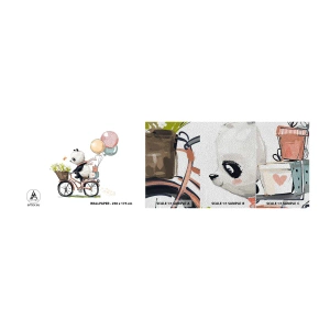 Fototapeten Muster Premium Sand - Glücklicher Tag - Für Kinder, Panda auf einem Fahrrad, Abstraktion - 100x30 cm