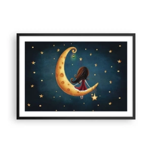 Poster in einem schwarzem Rahmen - Ein Mädchen auf dem Mond, umgeben von Sternen - 70x50cm - Einmal… - Moderne Wanddekoration für Wohnzimmer und Schlafzimmer ARTTOR
