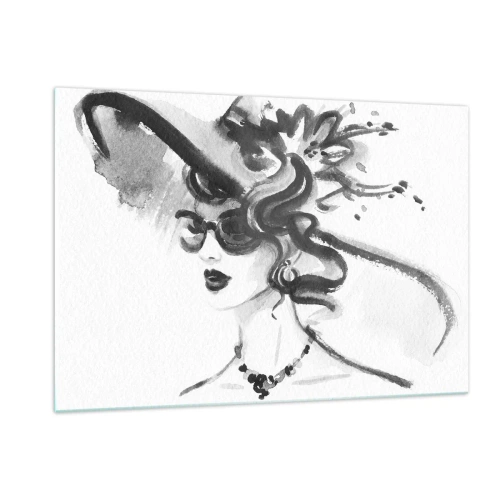 Glasbild - Bild auf glas - Schwarz-Weiß-Porträt einer Frau mit Hut - 120x80cm - Eine Dame mit Charakter - Moderne Wanddekoration für Wohnzimmer und Schlafzimmer ARTTOR
