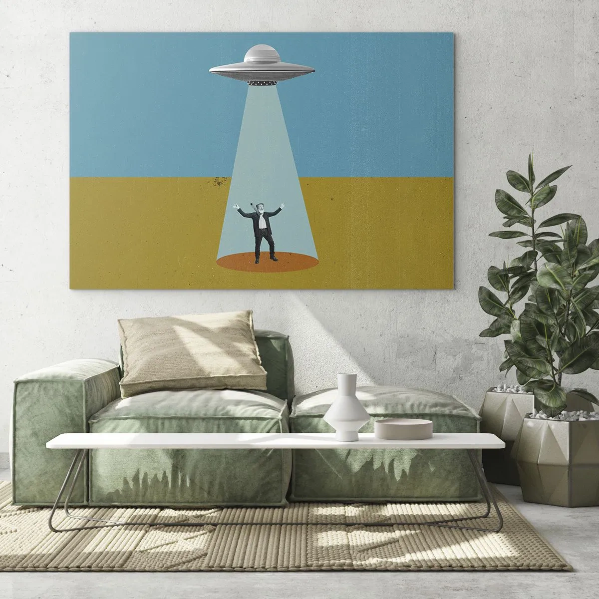 Glasbild - Bild auf glas - Ein Mann im Licht einer Weltraumuntertasse auf buntem Hintergrund - 70x50cm - Nahe Begegnung - Moderne Wanddekoration für Wohnzimmer und Schlafzimmer ARTTOR
