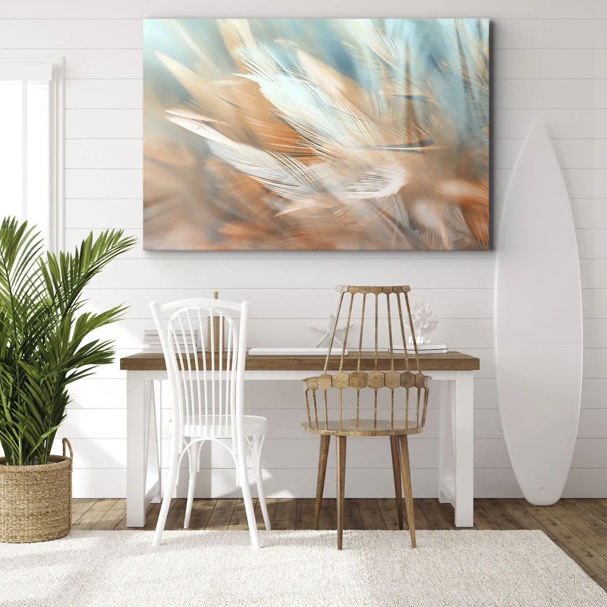 Bild auf Leinwand - Leinwandbild - Zarte Federn in Pastelltönen von Blau und Orange - 100x70cm - Im Land der Sanftmut - Moderne Wanddekoration für Wohnzimmer und Schlafzimmer ARTTOR