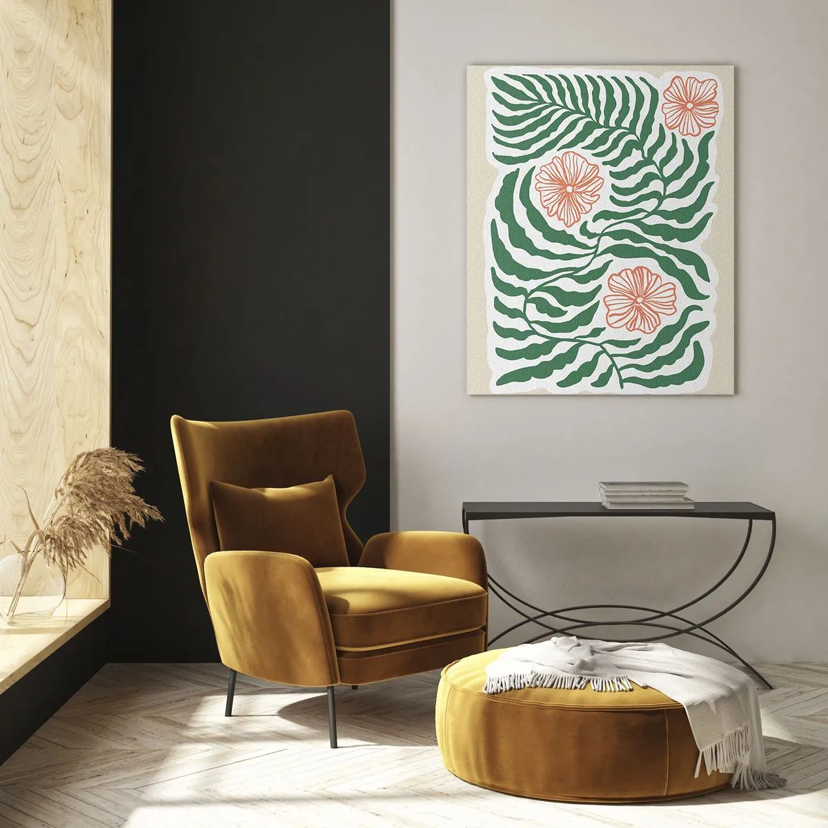 Glasbild - Bild auf glas - Ein minimalistisches Motiv aus grünen Blättern mit Blüten in Orangetönen. - 80x120cm - Aufgeblüht in Grün - Moderne Wanddekoration für Wohnzimmer und Schlafzimmer ARTTOR