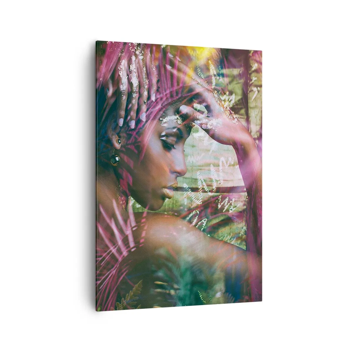 Bild auf Leinwand - Leinwandbild - Porträt einer Frau, umgeben von exotischer Vegetation - 70x100cm - Mutter Natur im Dschungel - Moderne Wanddekoration für Wohnzimmer und Schlafzimmer ARTTOR