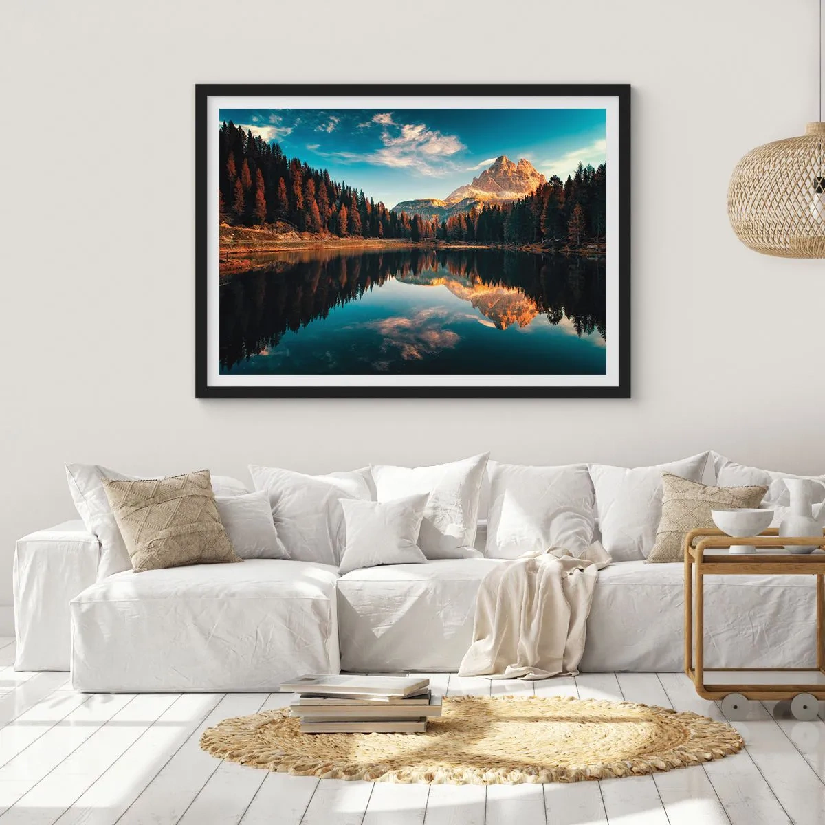 Poster in einem schwarzem Rahmen - Berglandschaft mit See und Wald - 100x70cm - Doppelte Landschaft - Moderne Wanddekoration für Wohnzimmer und Schlafzimmer ARTTOR
