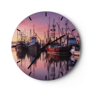 Wanduhr - Glasuhr - Fischerboote liegen bei Sonnenuntergang im Hafen - 30x30cm - Vor dem nächsten Tag - Moderne Wanddekoration für Wohnzimmer, Küche und Schlafzimmer ARTTOR