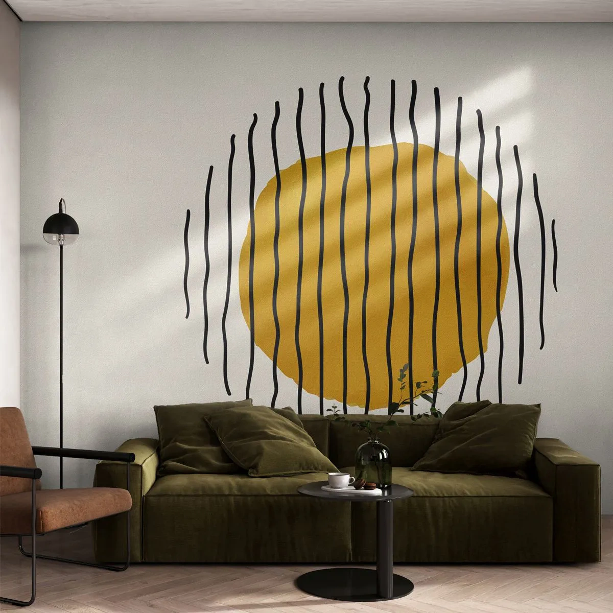 Fototapete Premium Sand - Ein minimalistisches Design mit einem senffarbenen Kreis und schwarzen Linien. - 100x70cm - Abstraktion, die vor Hitze zittert - Moderne Wanddekoration für Wohnzimmer und Schlafzimmer ARTTOR