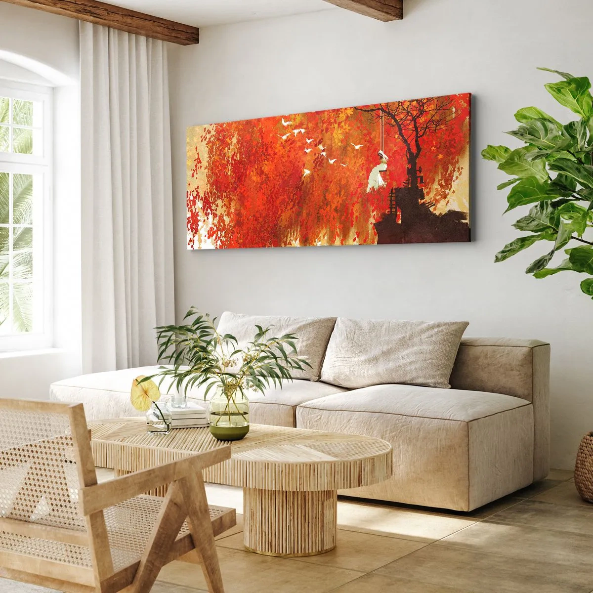 Bild auf Leinwand - Leinwandbild - Eine Figur auf einer Schaukel neben einem Baum, umgeben von roten Blättern - 120x50cm - Wird er mit ihnen fliegen? - Moderne Wanddekoration für Wohnzimmer und Schlafzimmer ARTTOR